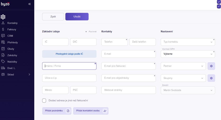 Založení zákazníka v systému